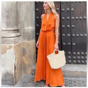 ZARA NWT Dark Orange Midi Linen Blend Women's Dress Size XS